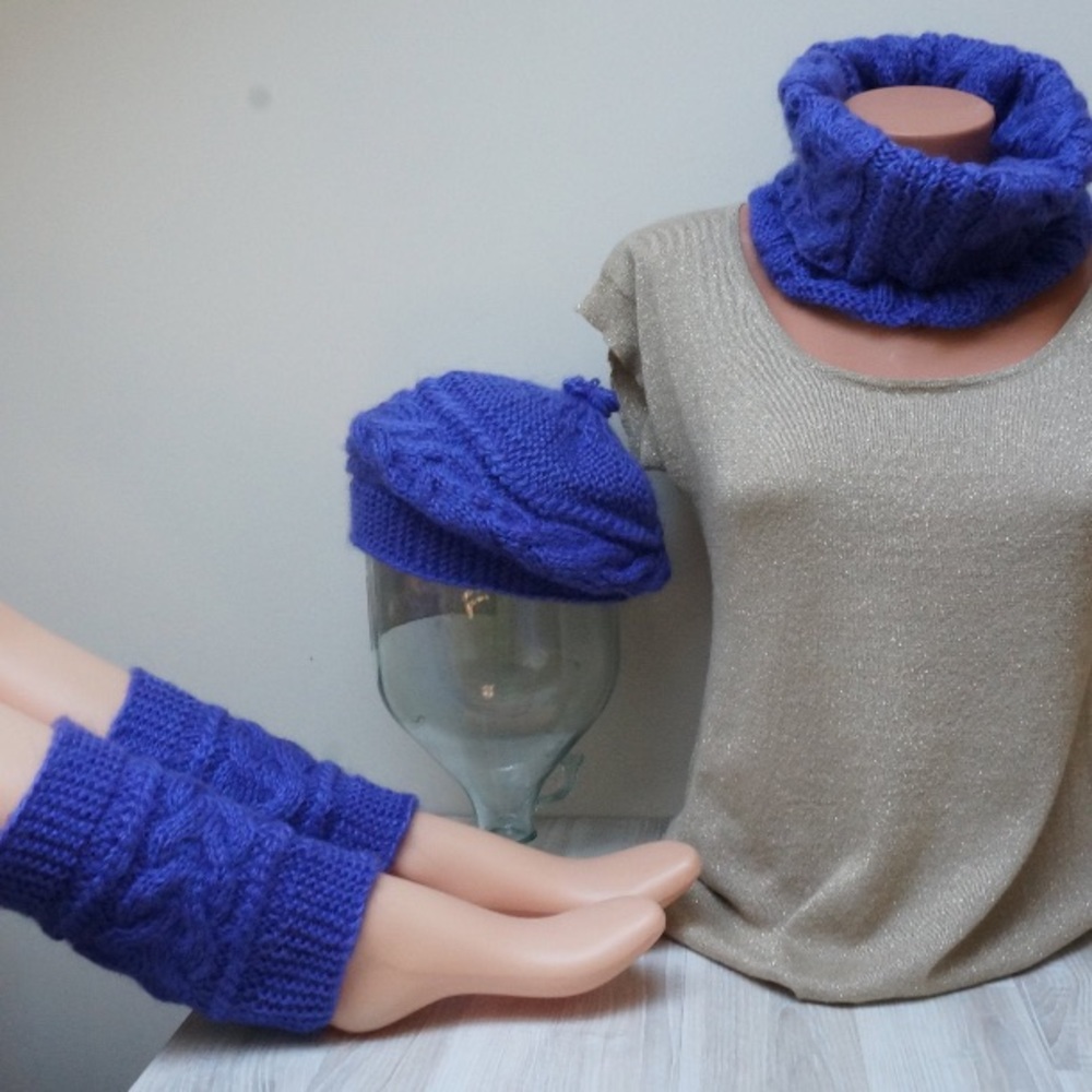 Purple Crochet Knit Beret, Leg Warmer, Scarf Set
